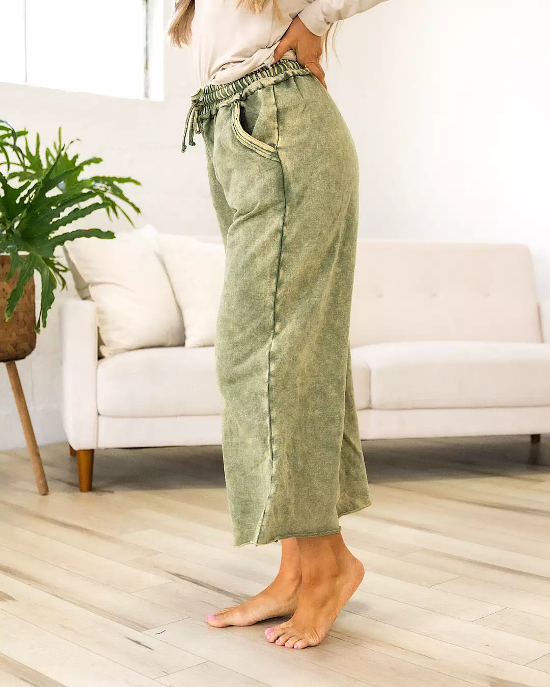 Mineral Wash Wide Leg Lounge Pants - Ash Olive