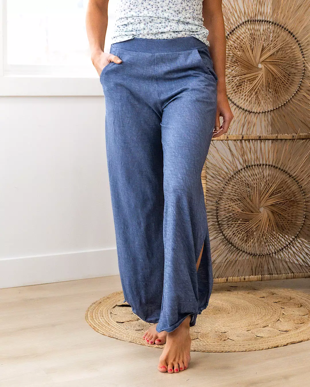 NEW! Split Side Tied Hem Lounge Pants - Denim Blue