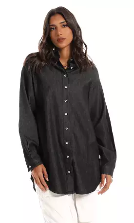 O153406 Full Buttoned Heather Black Cotton Long Shirt