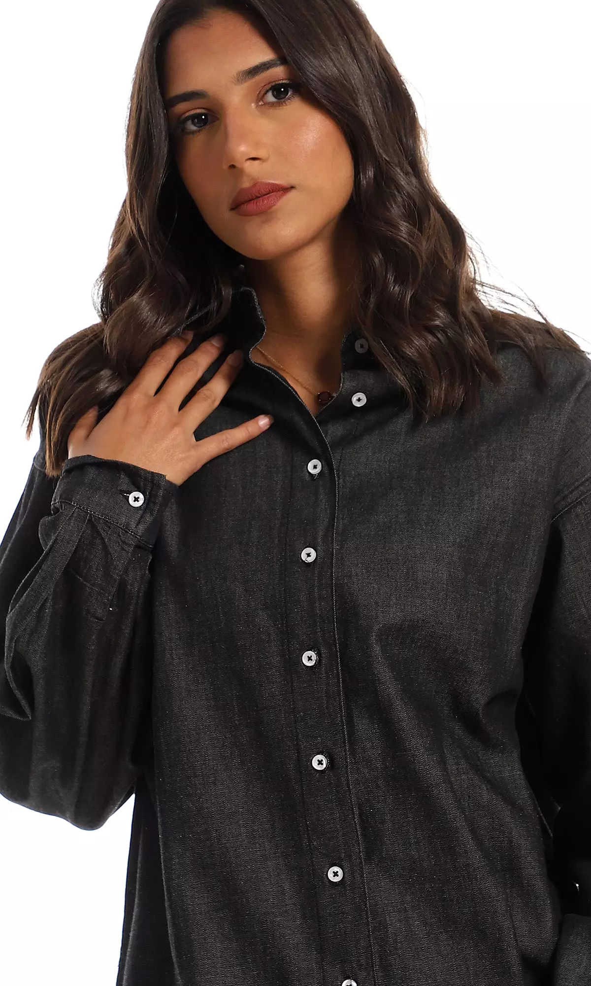 O153406 Full Buttoned Heather Black Cotton Long Shirt