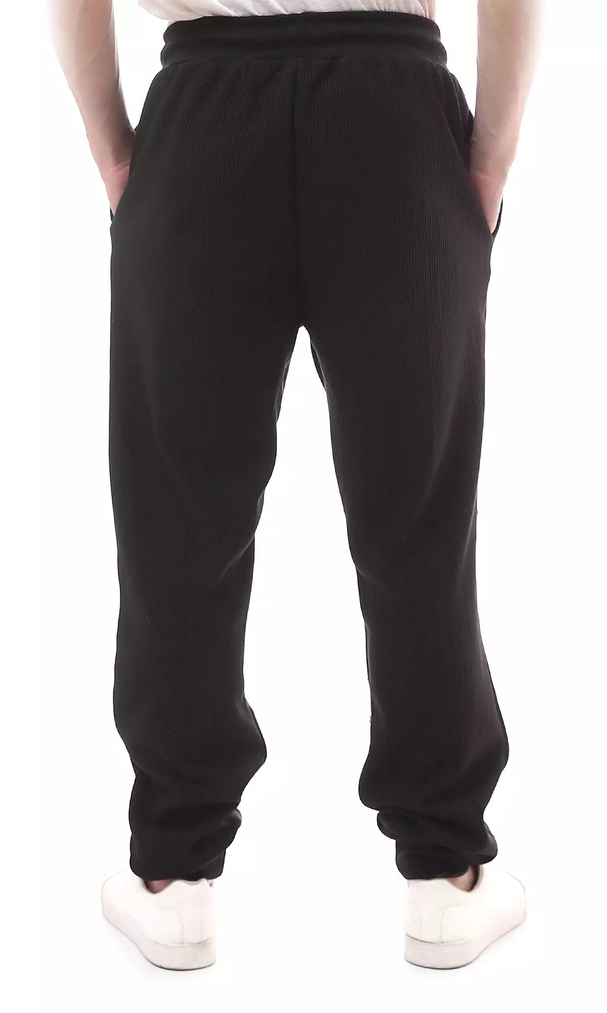 O176390 Casual Black Cotton Ribbed Jogger Pants