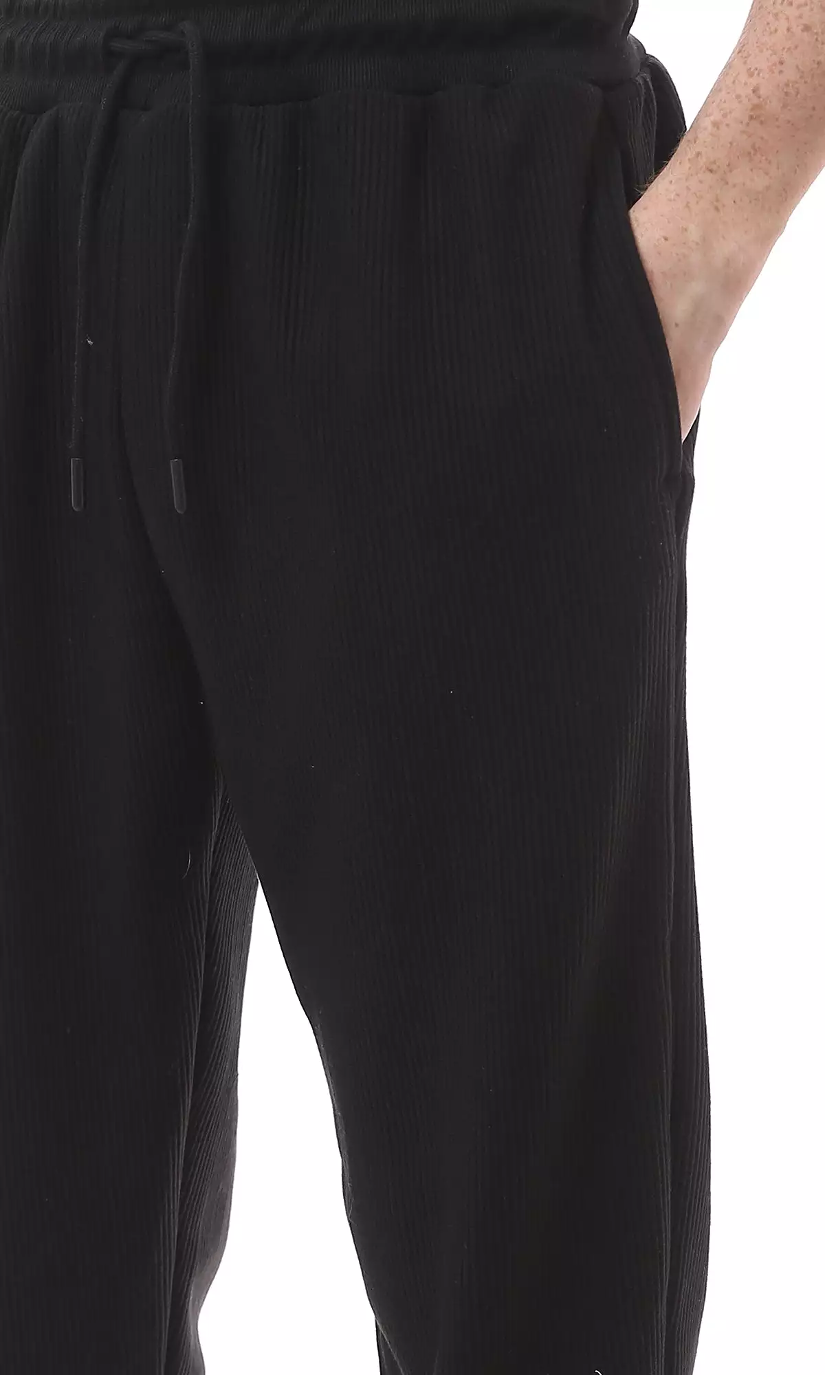 O176390 Casual Black Cotton Ribbed Jogger Pants