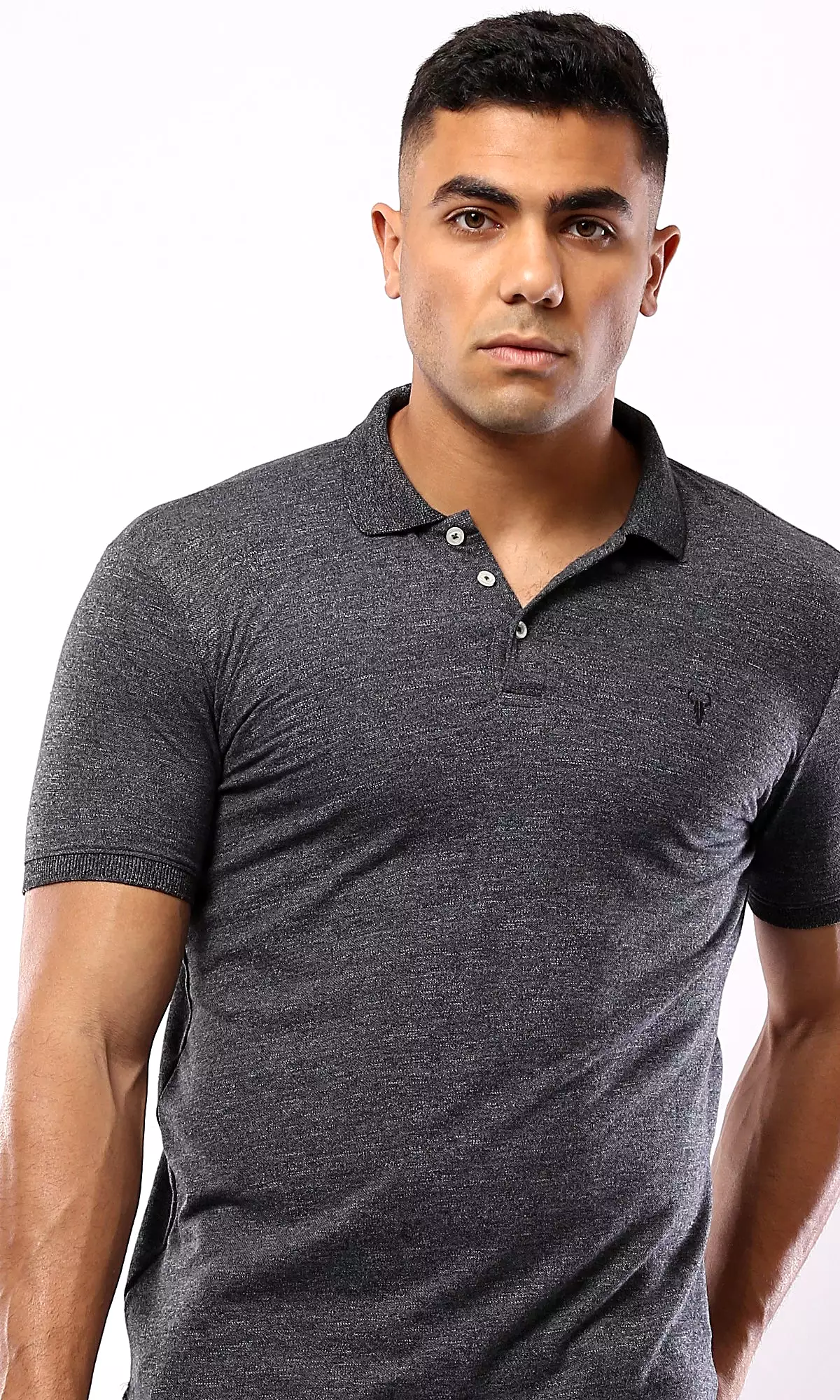 O178892 Short Sleeves Heather Black Cotton Polo Shirt