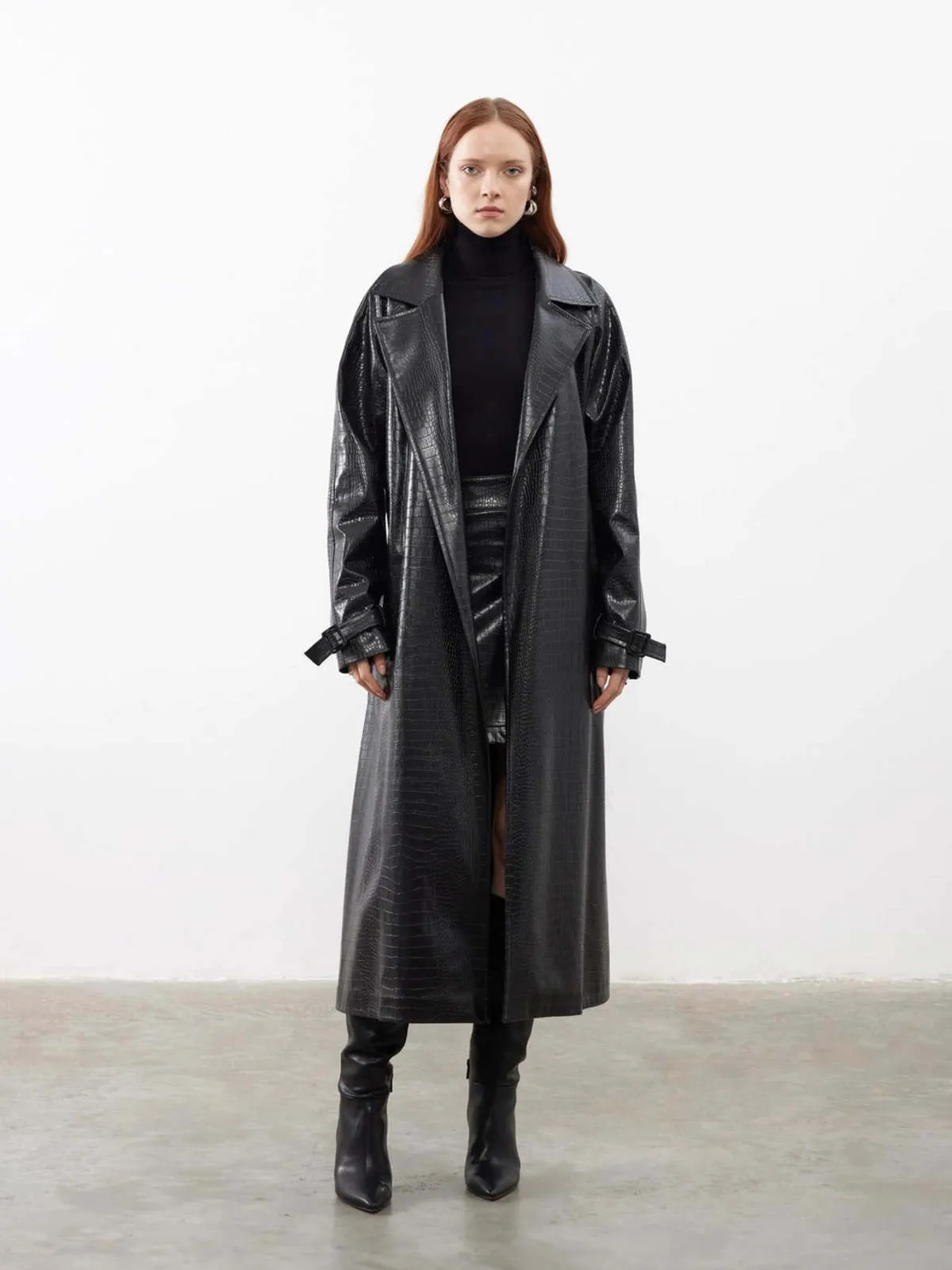 Patterned Leather Belted Trench Coat - Black