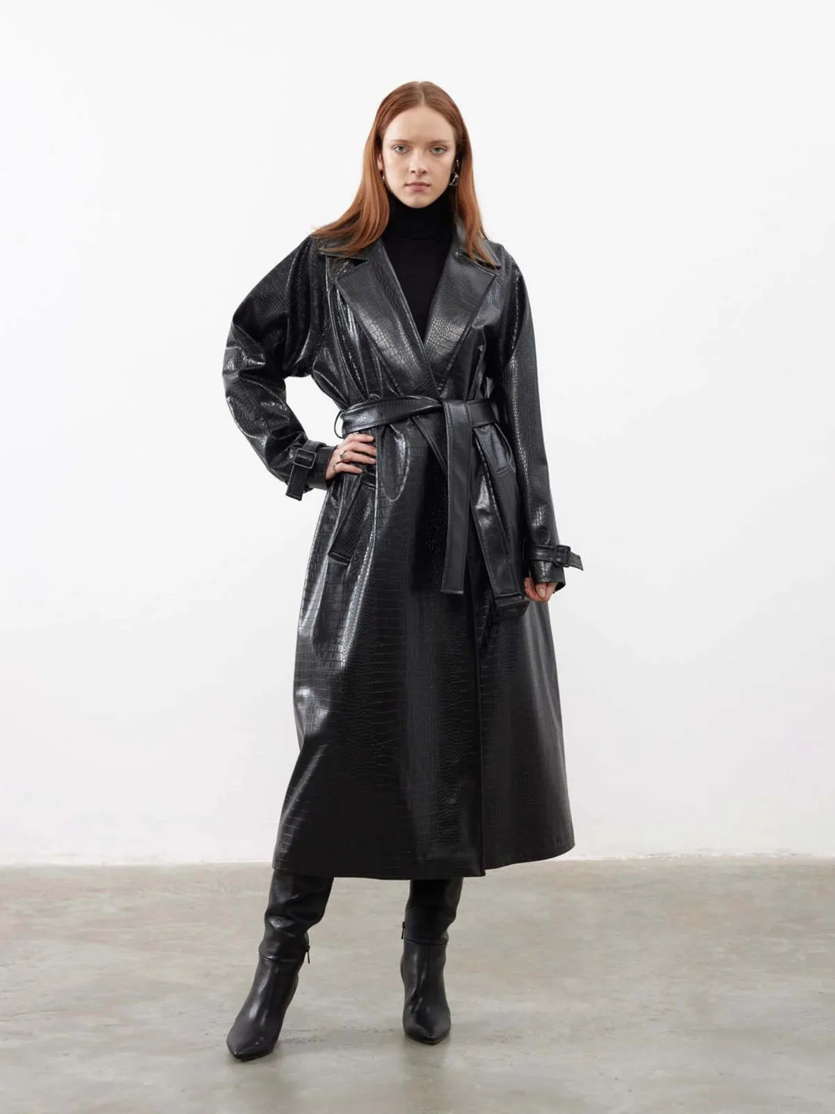 Patterned Leather Belted Trench Coat - Black