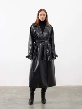 Patterned Leather Belted Trench Coat - Black