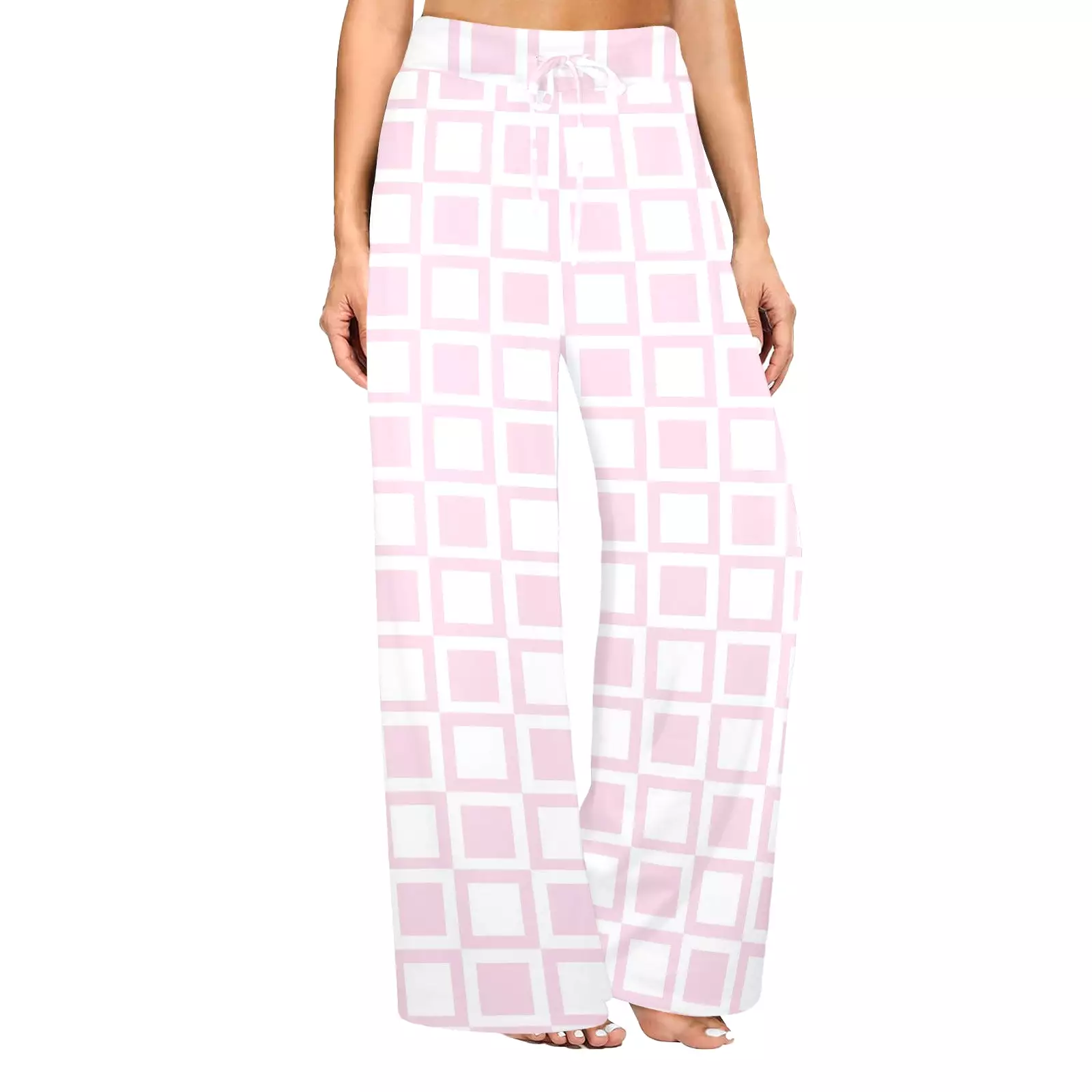 PINK WHITE SQUARE PRINT 4 Women's Wide Leg Lounge Pants (Model L77)