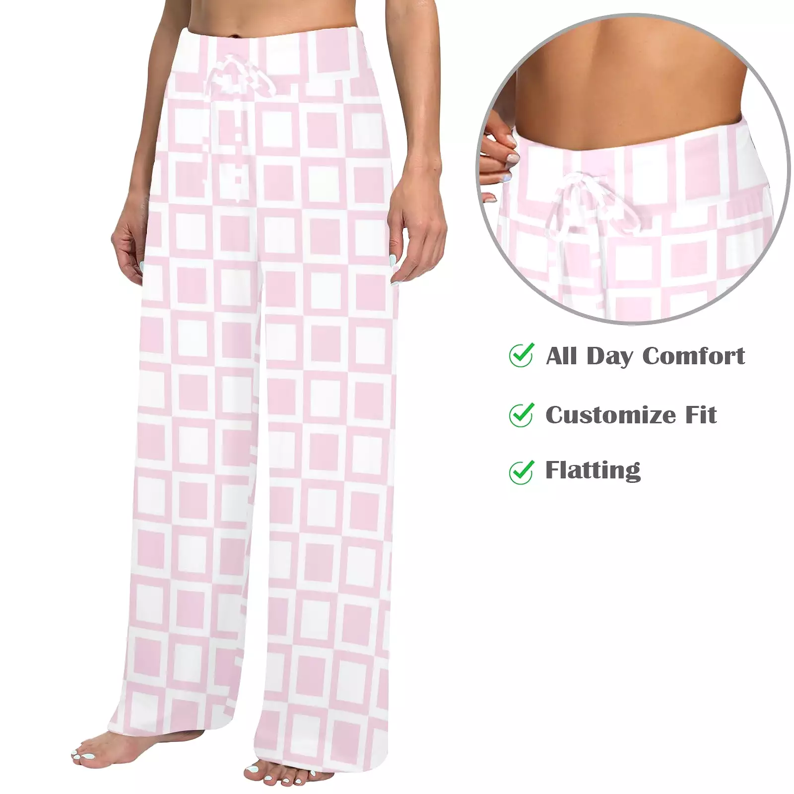 PINK WHITE SQUARE PRINT 4 Women's Wide Leg Lounge Pants (Model L77)