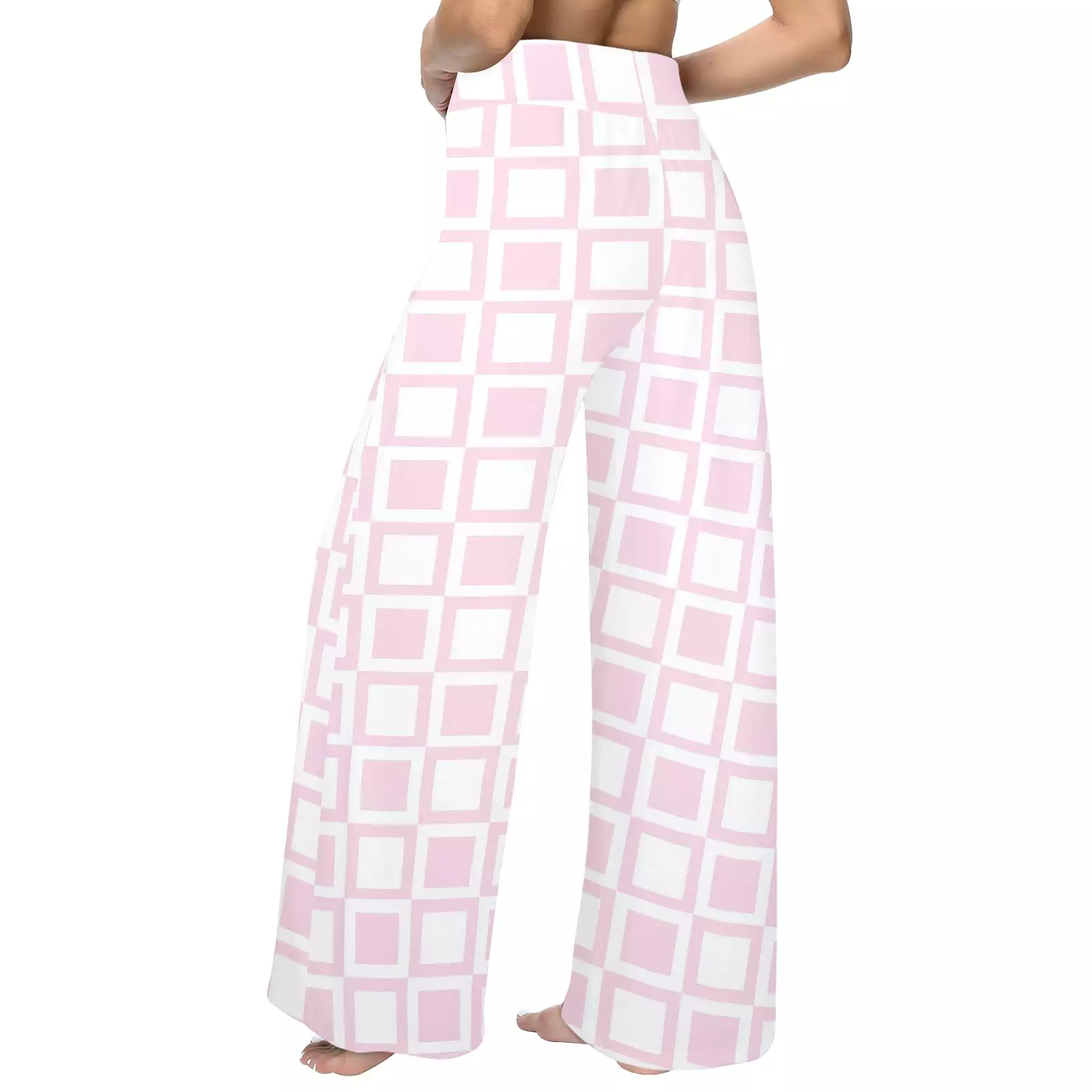 PINK WHITE SQUARE PRINT 4 Women's Wide Leg Lounge Pants (Model L77)