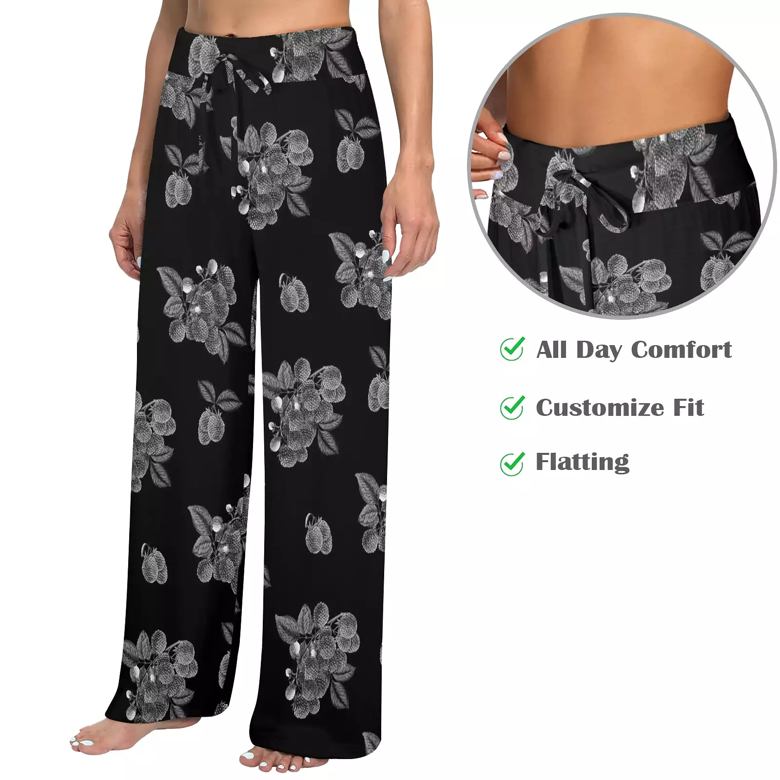 raspberry bw print Women's Wide Leg Lounge Pants (Model L77)