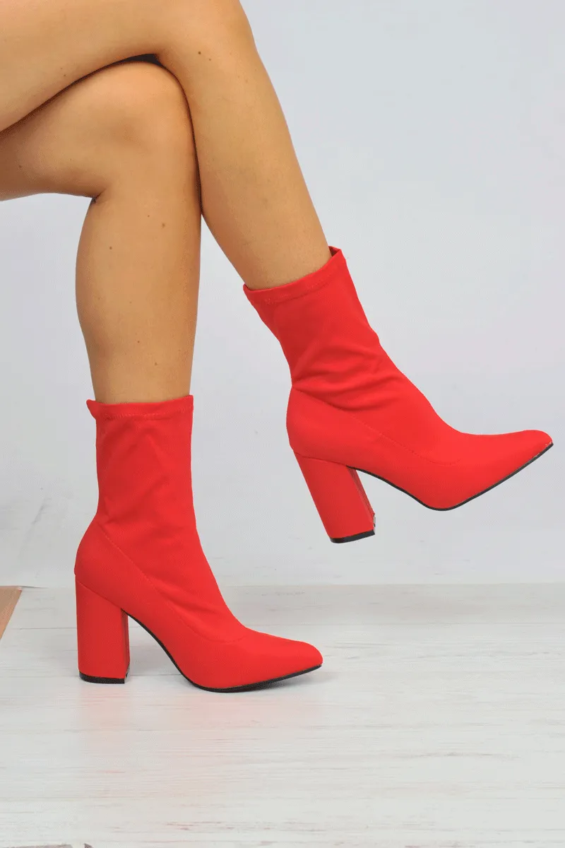 Red Stretchy Block Heeled Boots - Emari