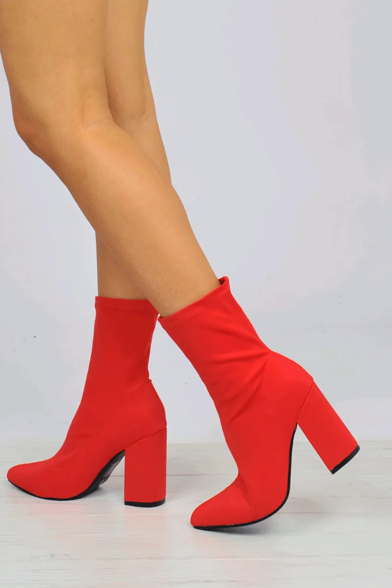 Red Stretchy Block Heeled Boots - Emari