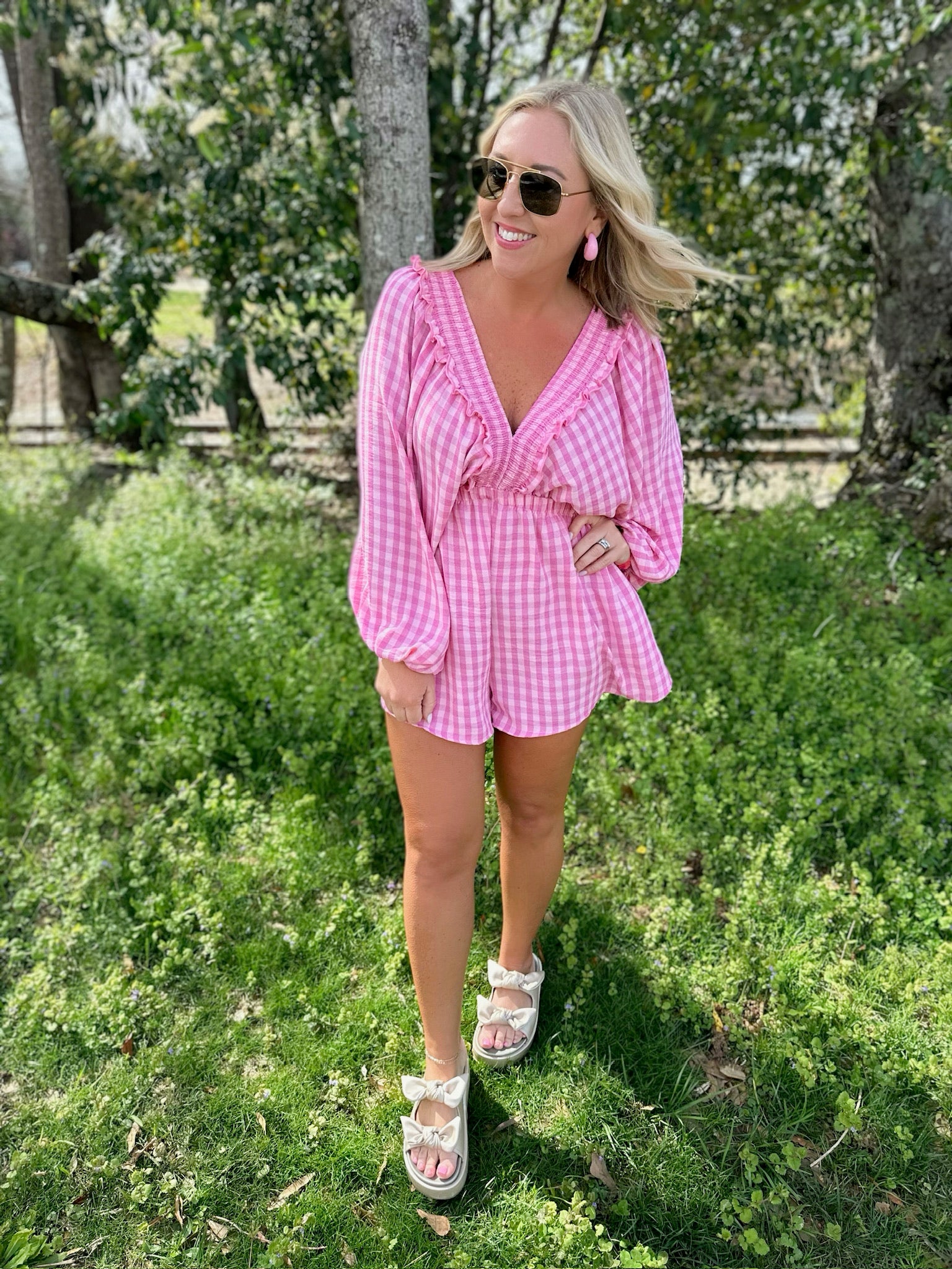 Spend You Around Geo Print Smocked V neck w/ Ruffles Romper