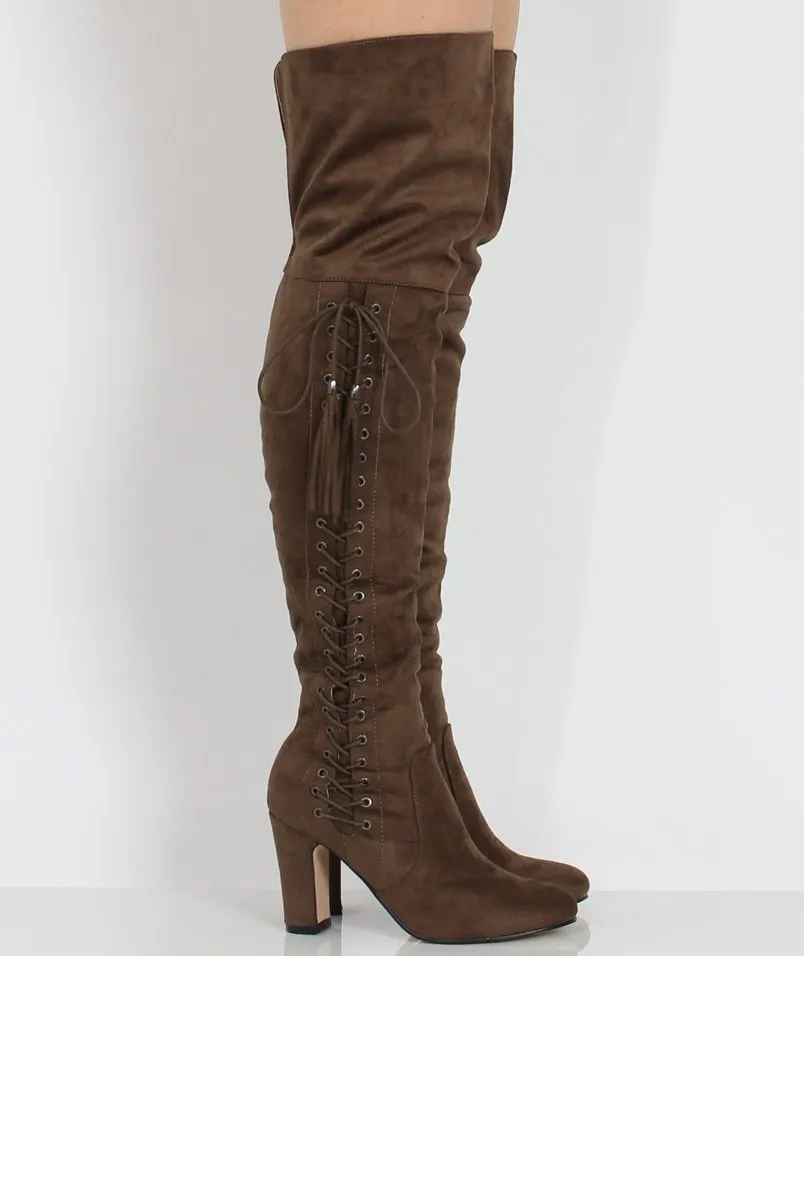 Taupe Suede Over the Knee Lace Up Detail Boots - Alora