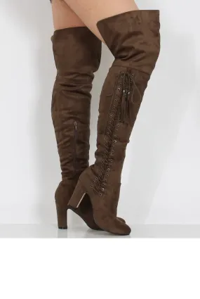 Taupe Suede Over the Knee Lace Up Detail Boots - Alora