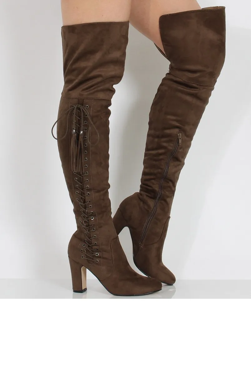 Taupe Suede Over the Knee Lace Up Detail Boots - Alora