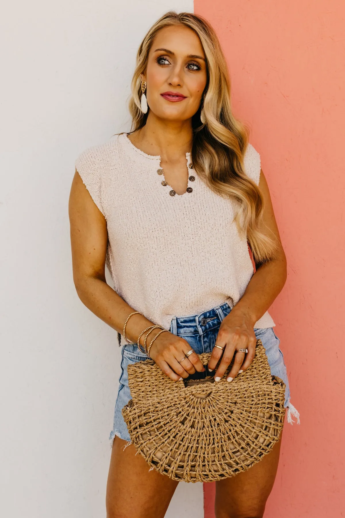 The Cecelia Sleeveless Henley Boucle Sweater