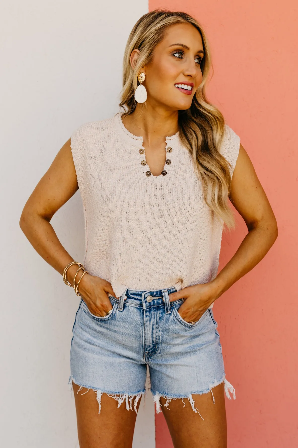 The Cecelia Sleeveless Henley Boucle Sweater