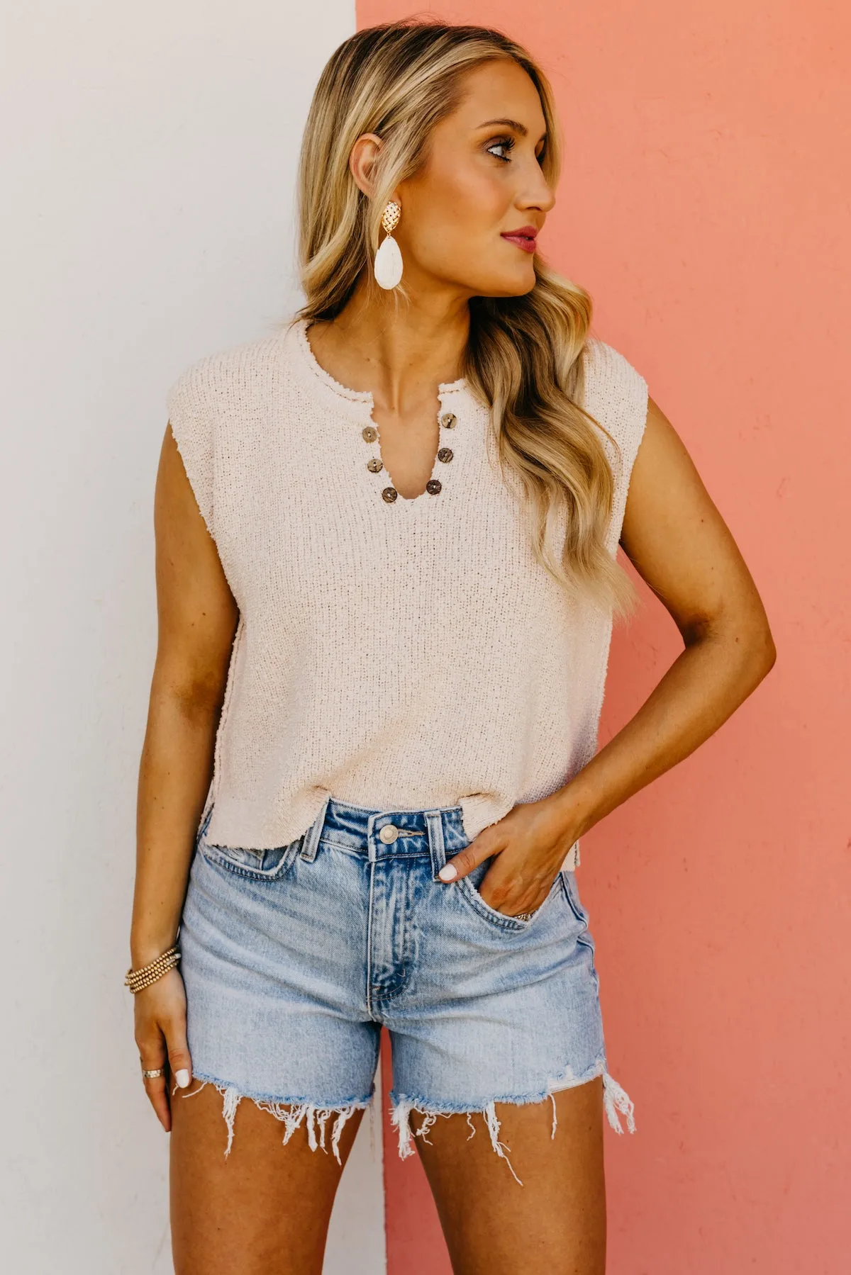 The Cecelia Sleeveless Henley Boucle Sweater