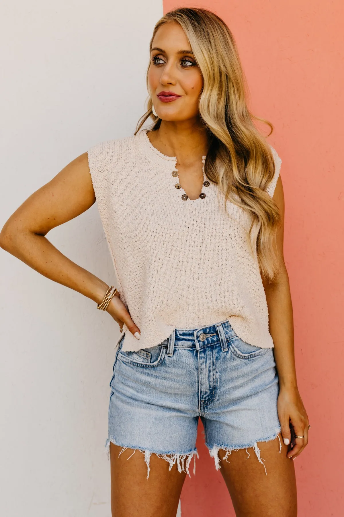 The Cecelia Sleeveless Henley Boucle Sweater