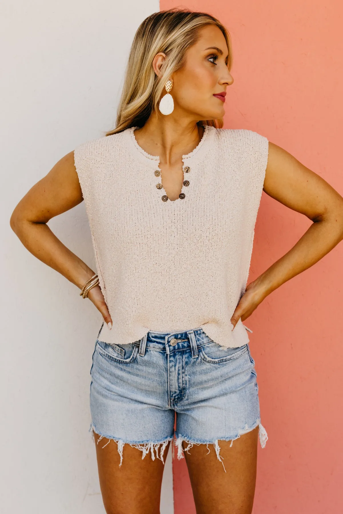 The Cecelia Sleeveless Henley Boucle Sweater