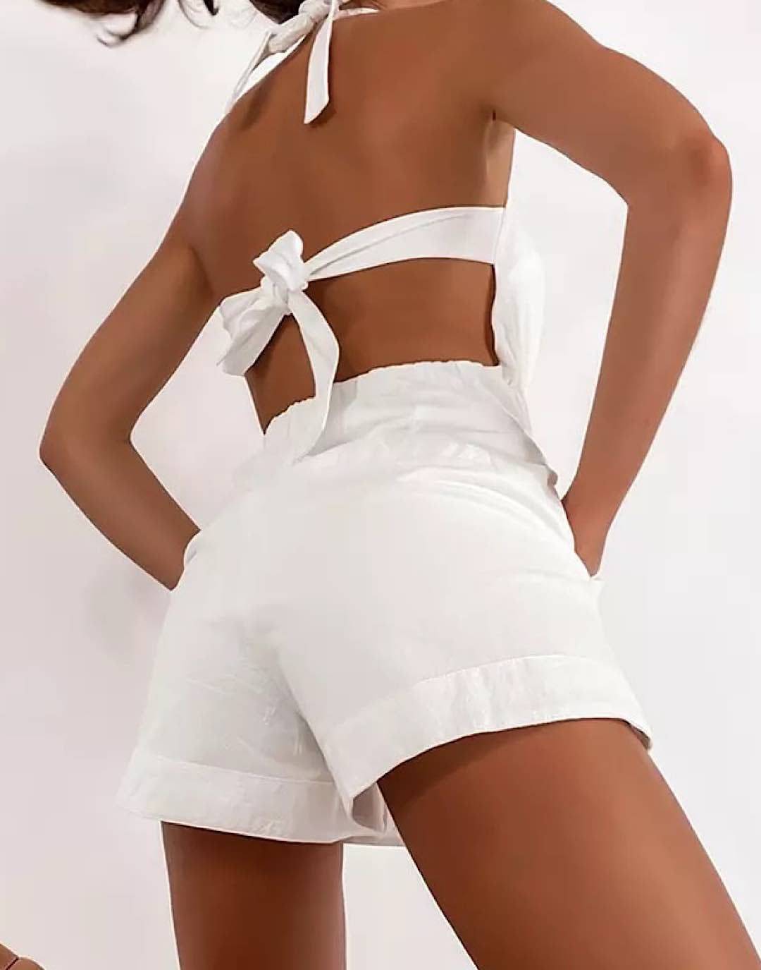 White Backless Elastic Waist Romper