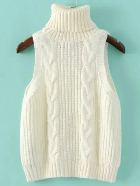 White Turtleneck Knitted Sleeveless Sweater Vest