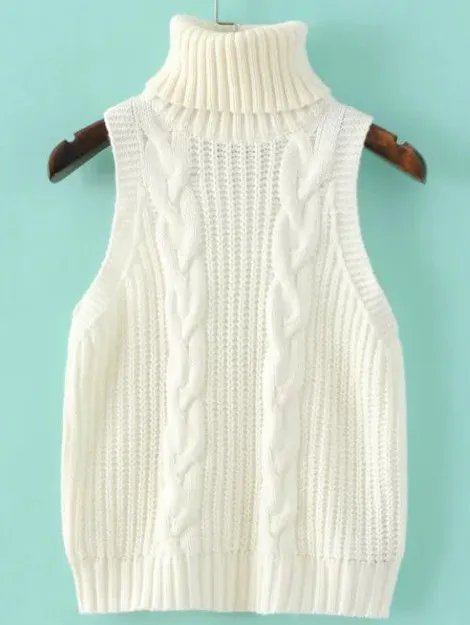 White Turtleneck Knitted Sleeveless Sweater Vest