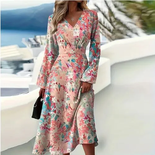 Women's Regular Dress Elegant V Neck Long Sleeve Printing Midi Dress Daily