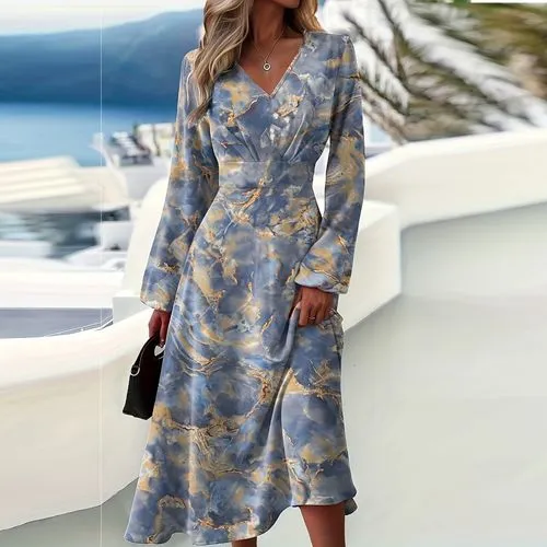 Women's Regular Dress Elegant V Neck Long Sleeve Printing Midi Dress Daily