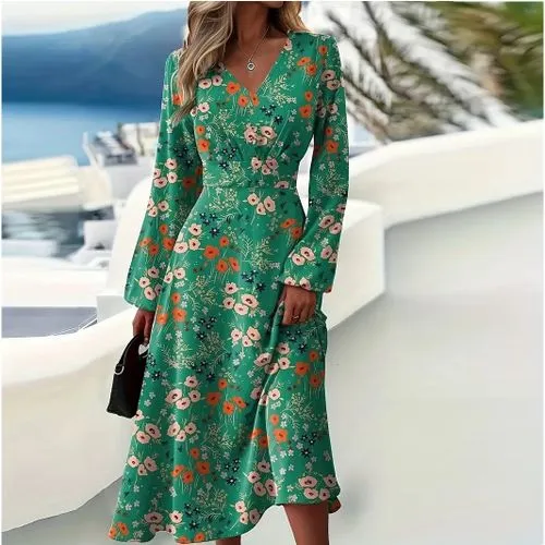 Women's Regular Dress Elegant V Neck Long Sleeve Printing Midi Dress Daily