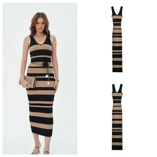 Women's Sheath Dress Tank Dress Simple Style V Neck Contrast Binding Sleeveless Stripe Midi Dress Holiday Date