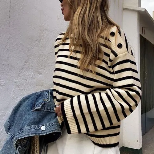 Women's Sweater Long Sleeve Sweaters & Cardigans Contrast Binding Casual Streetwear Stripe