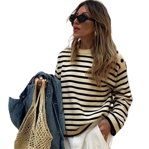 Women's Sweater Long Sleeve Sweaters & Cardigans Contrast Binding Casual Streetwear Stripe