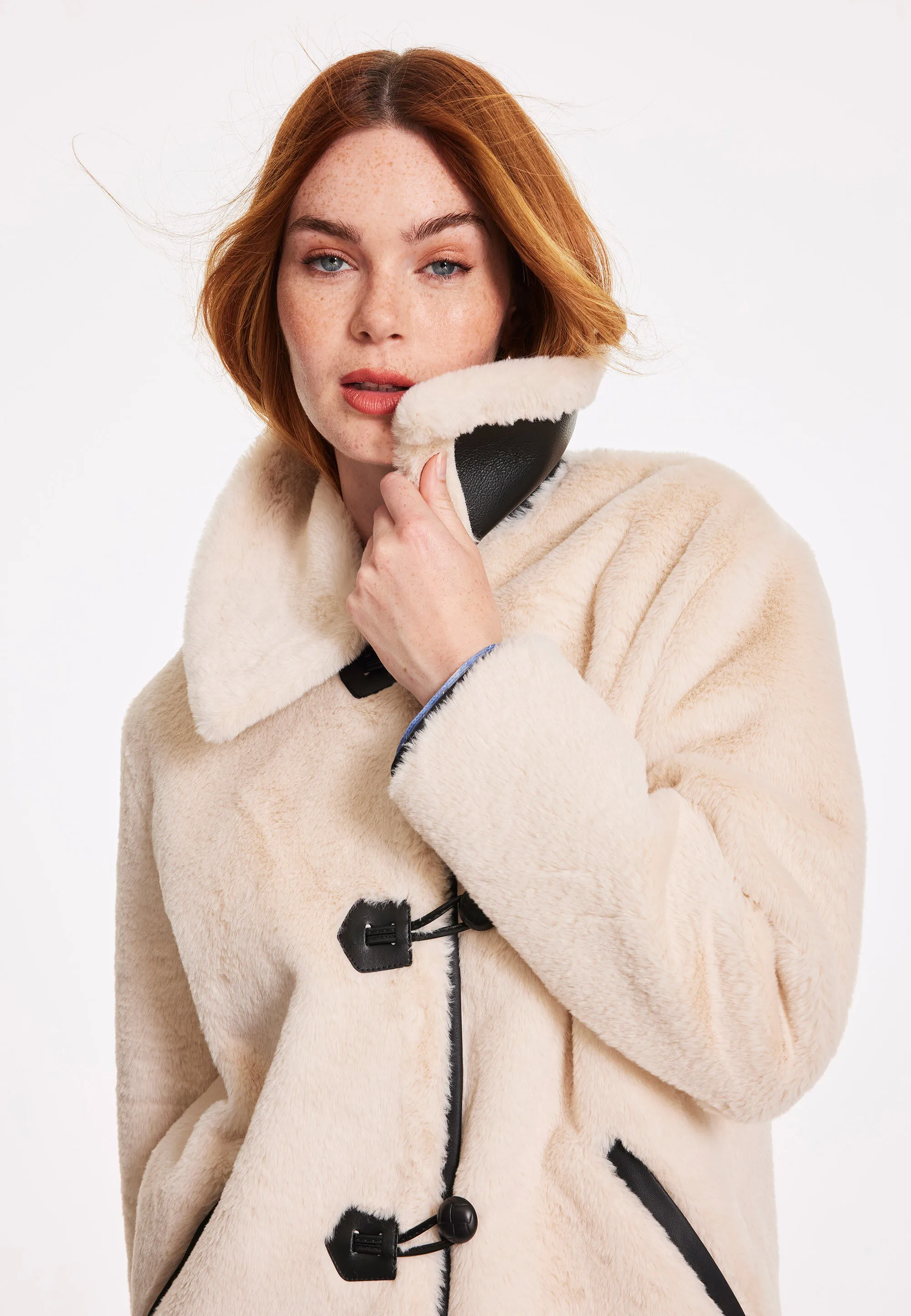 Womens Cream Fluffy Duffle Coat