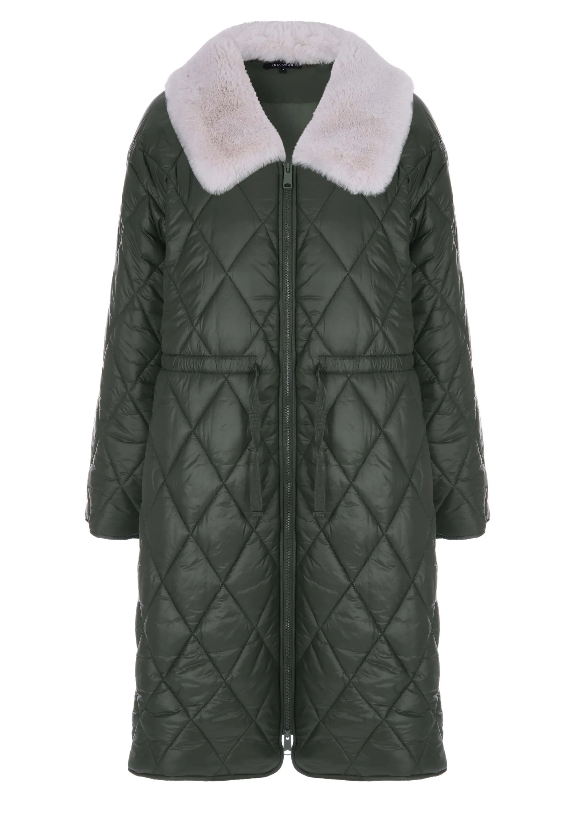 Womens Khaki Padded Quilted Fluffy Collar Coat