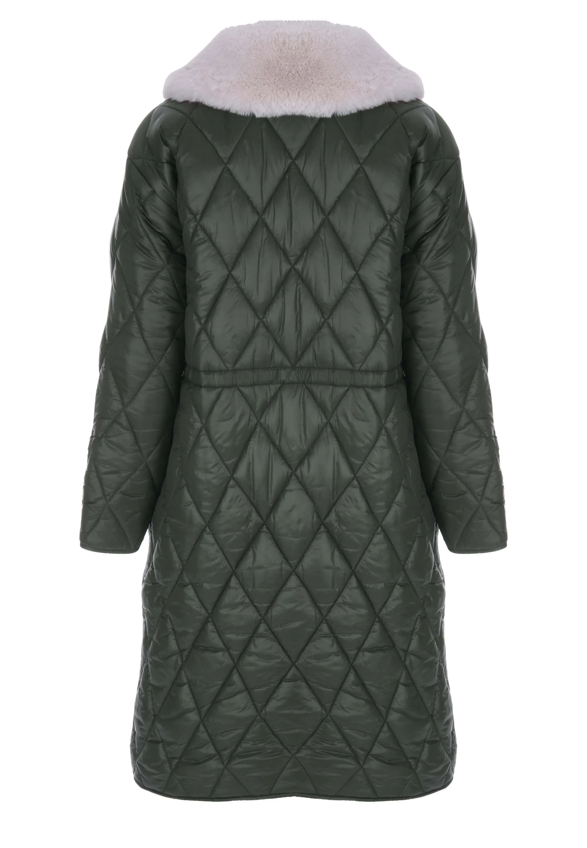 Womens Khaki Padded Quilted Fluffy Collar Coat