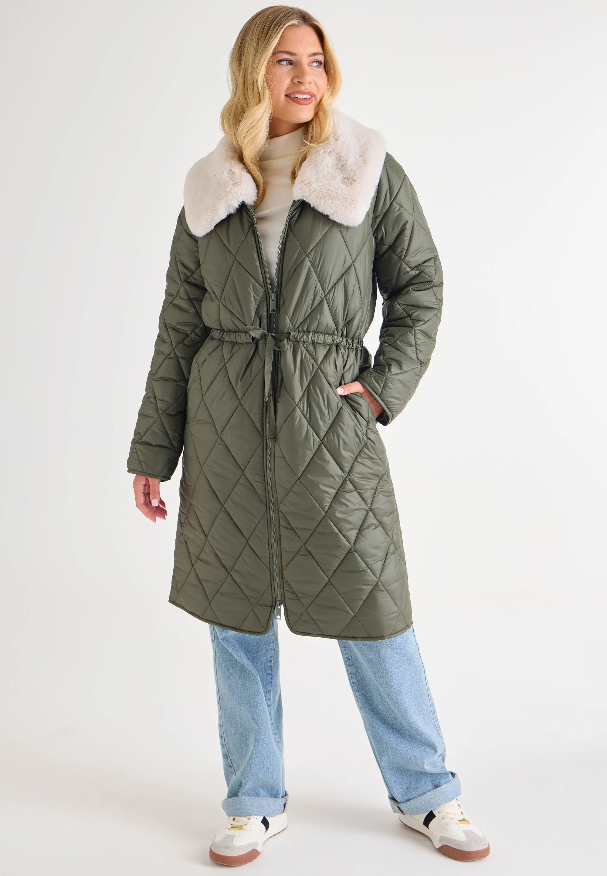 Womens Khaki Padded Quilted Fluffy Collar Coat