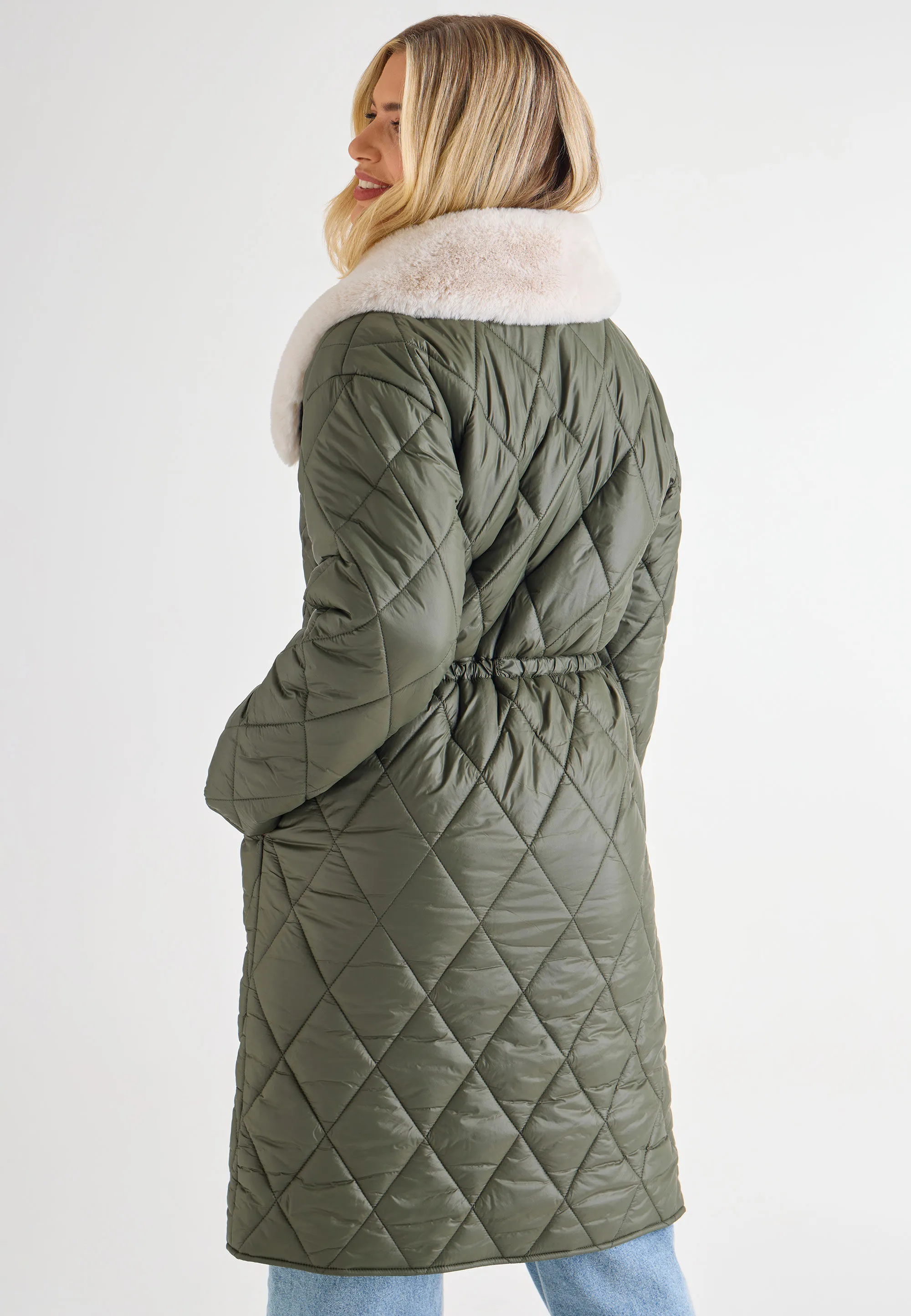 Womens Khaki Padded Quilted Fluffy Collar Coat