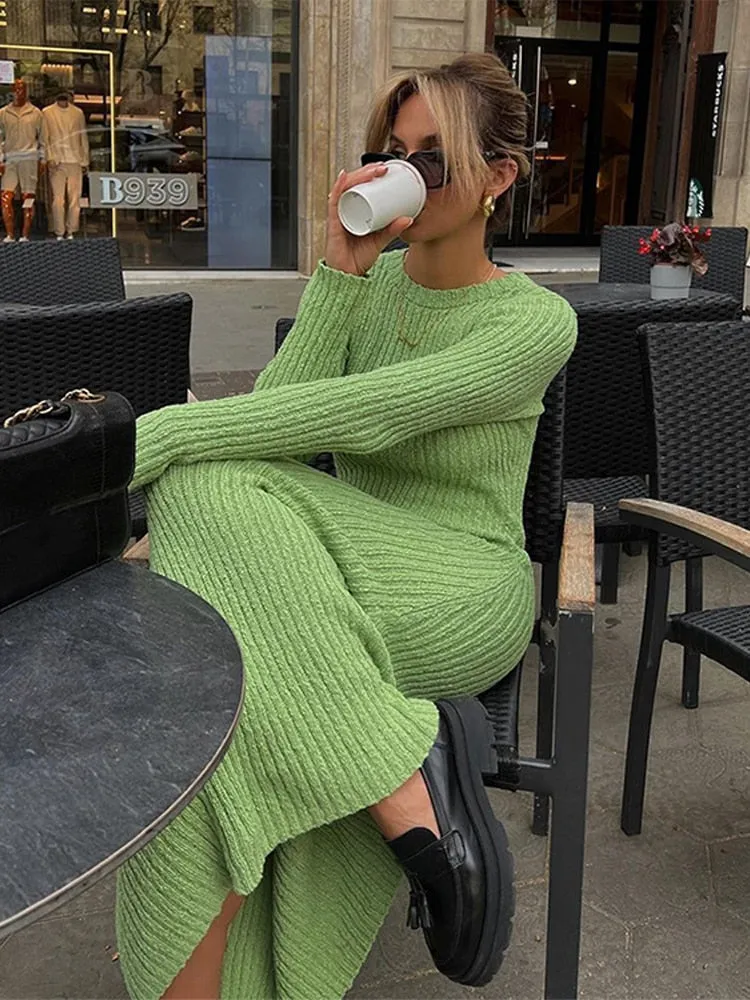 Womens Maxi Dresses Elegant Green Bodycon Knitted Long Sleeve Dress Female